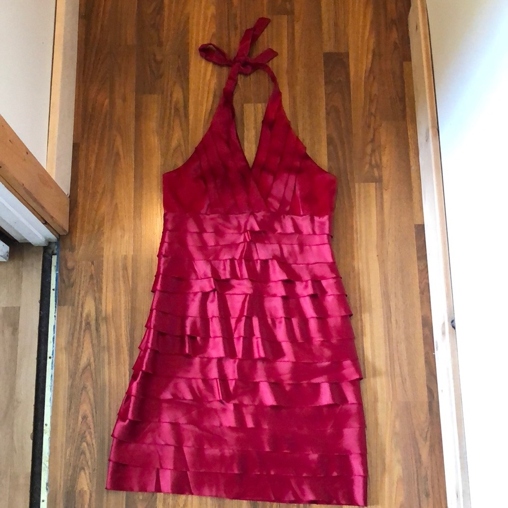 Red satin ruffled cocktail dress